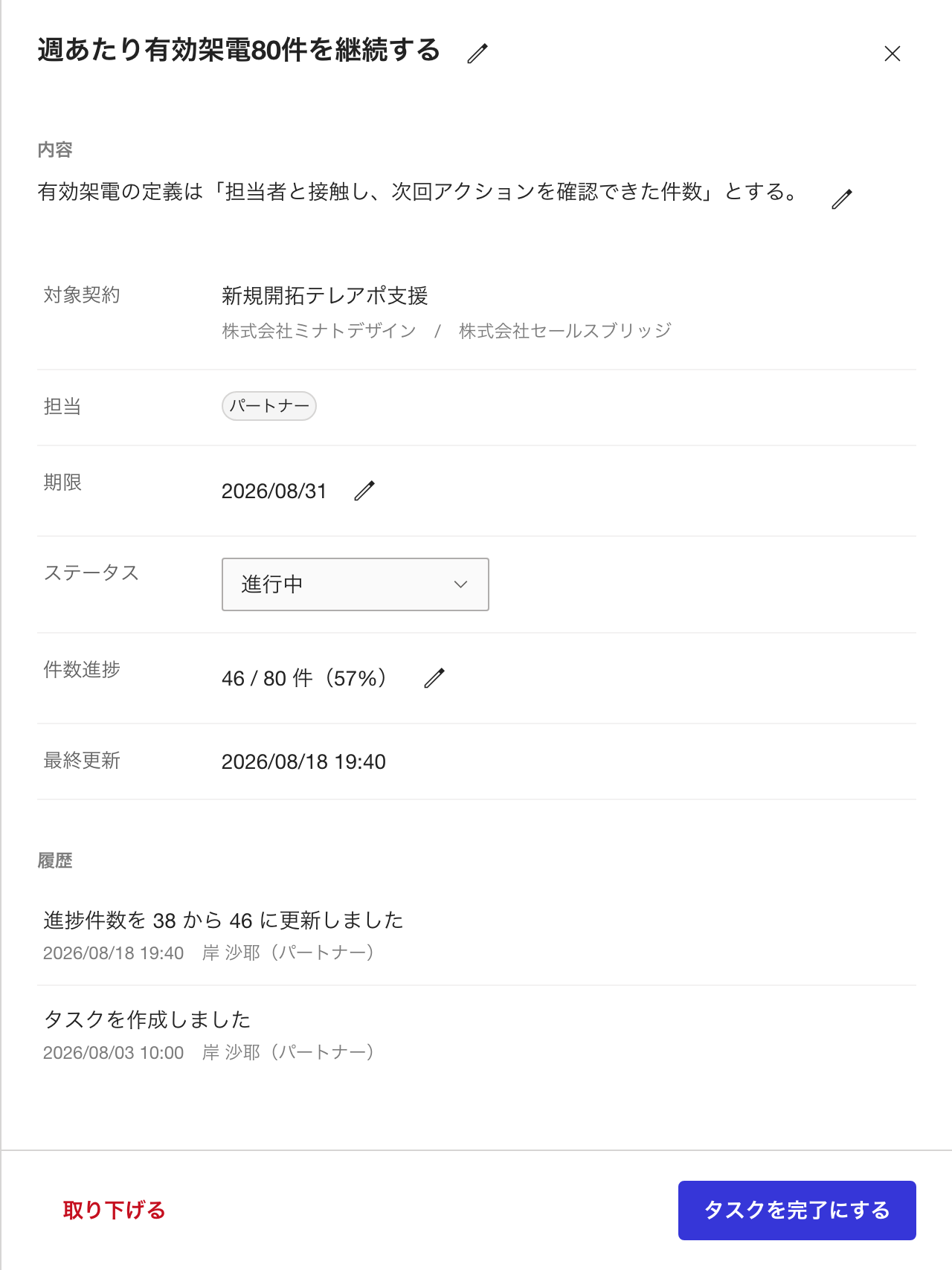 タスクの詳細。ステータス、件数進捗、履歴、取り下げる、タスクを完了にする