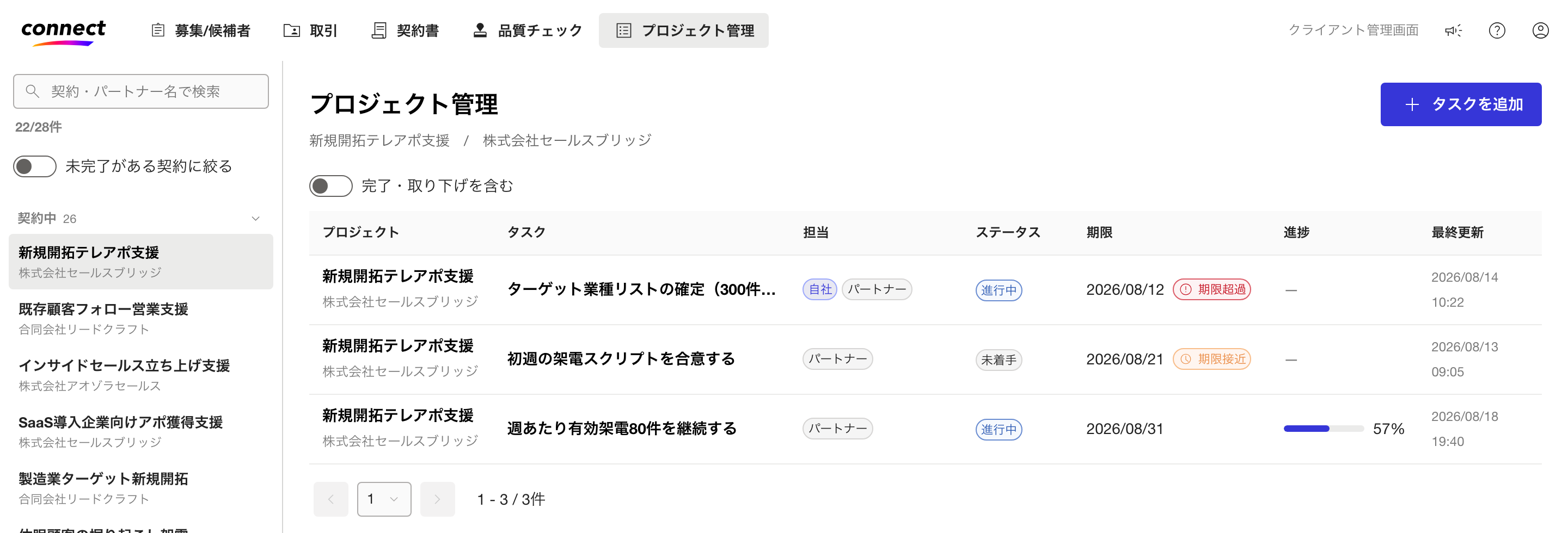 プロジェクト管理の一覧。担当が自社とパートナーで表示され、期限超過のバッジが付いている